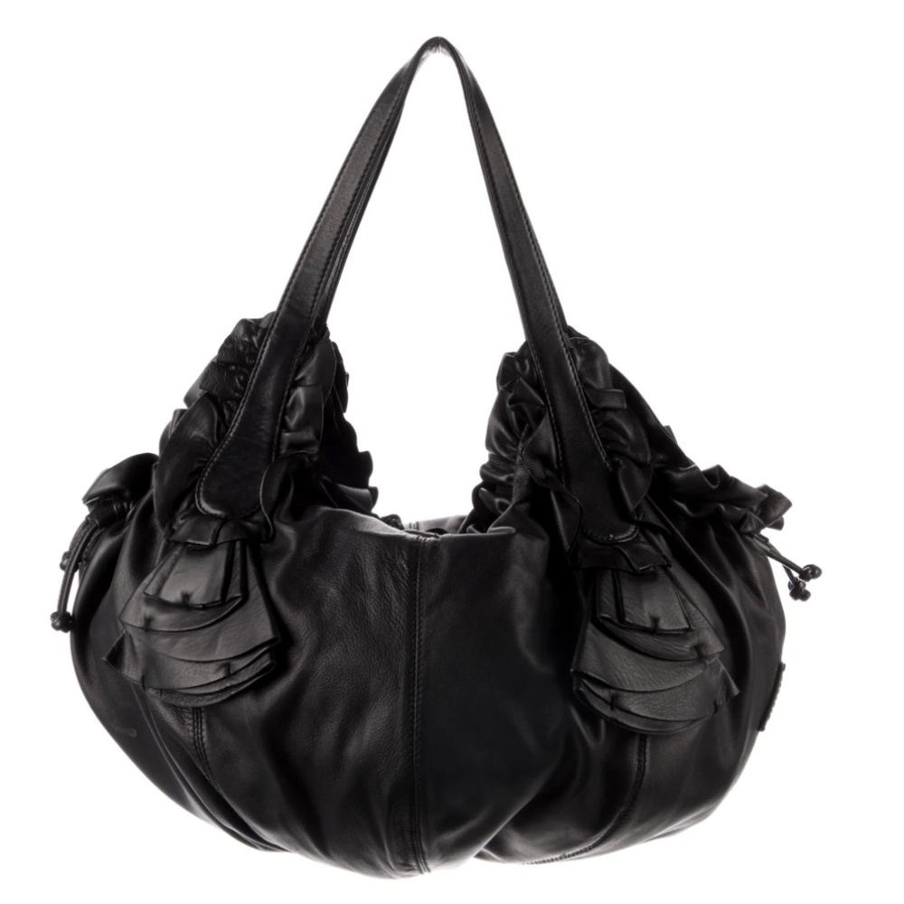 Valentino Garavani "Idylle" Hobo Black Leather Ruffles - NEVER USED